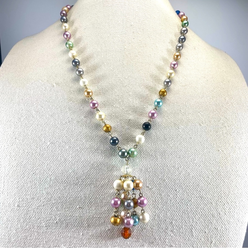 Tammey Jewels Glass Multi Color Pearls Silver Tone Chain Tassel Necklace